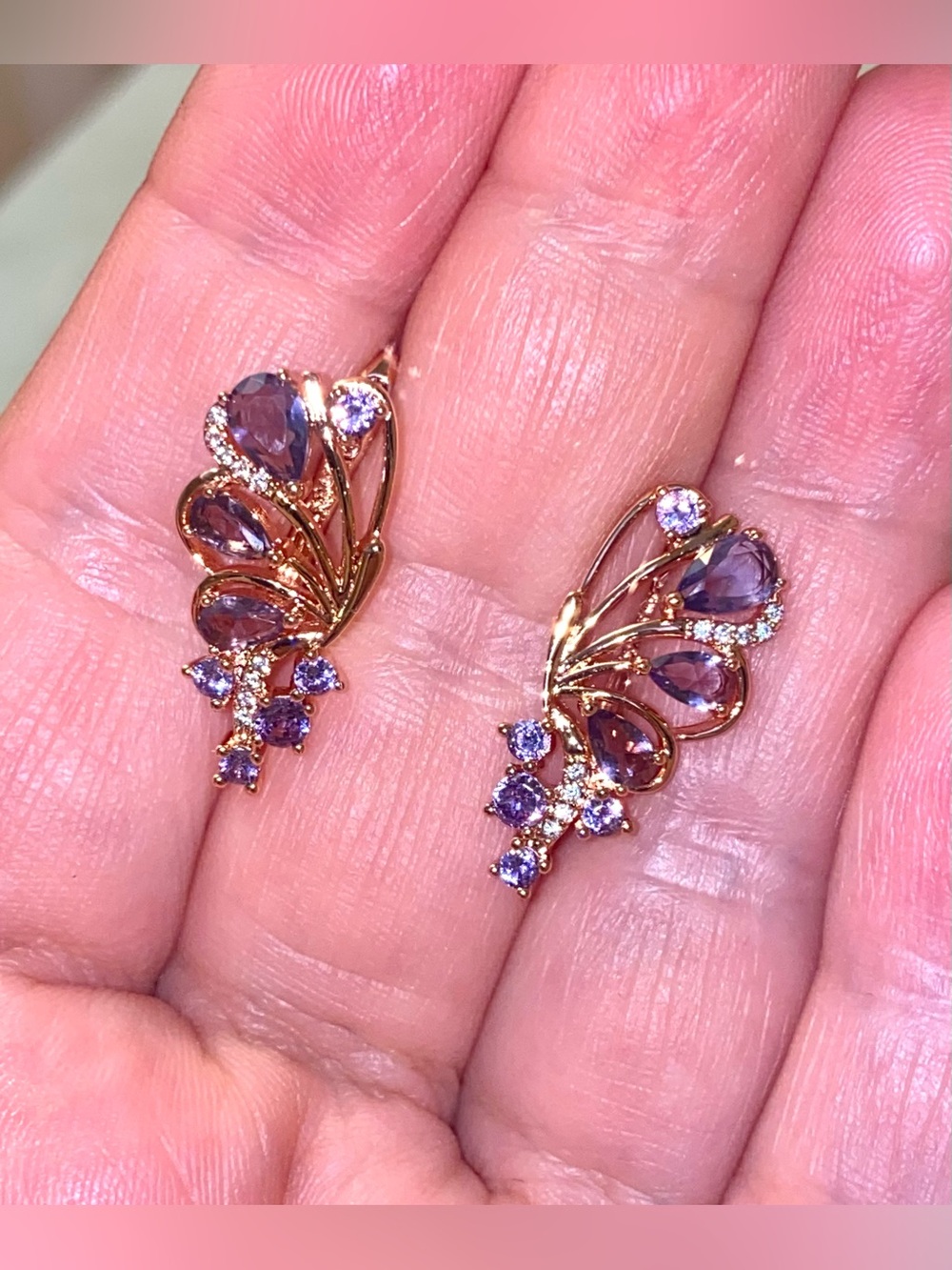 Rose Gold Purple Teardrop Cluster Earrings